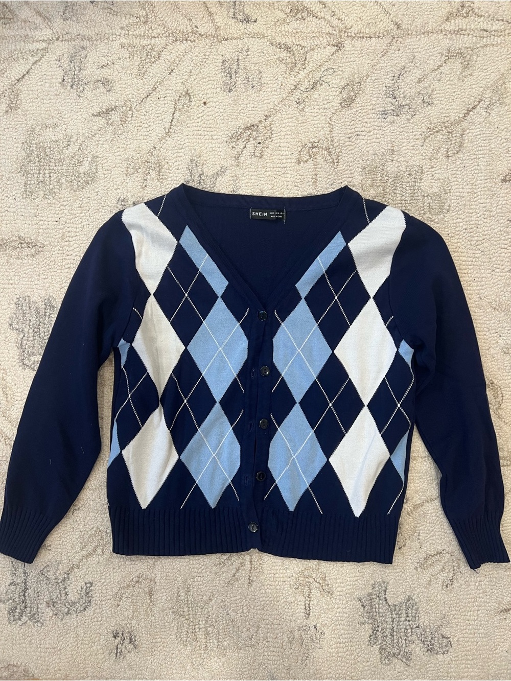 SHEIN Navy Argyle V-Neck Button-Up Cardigan Sweater